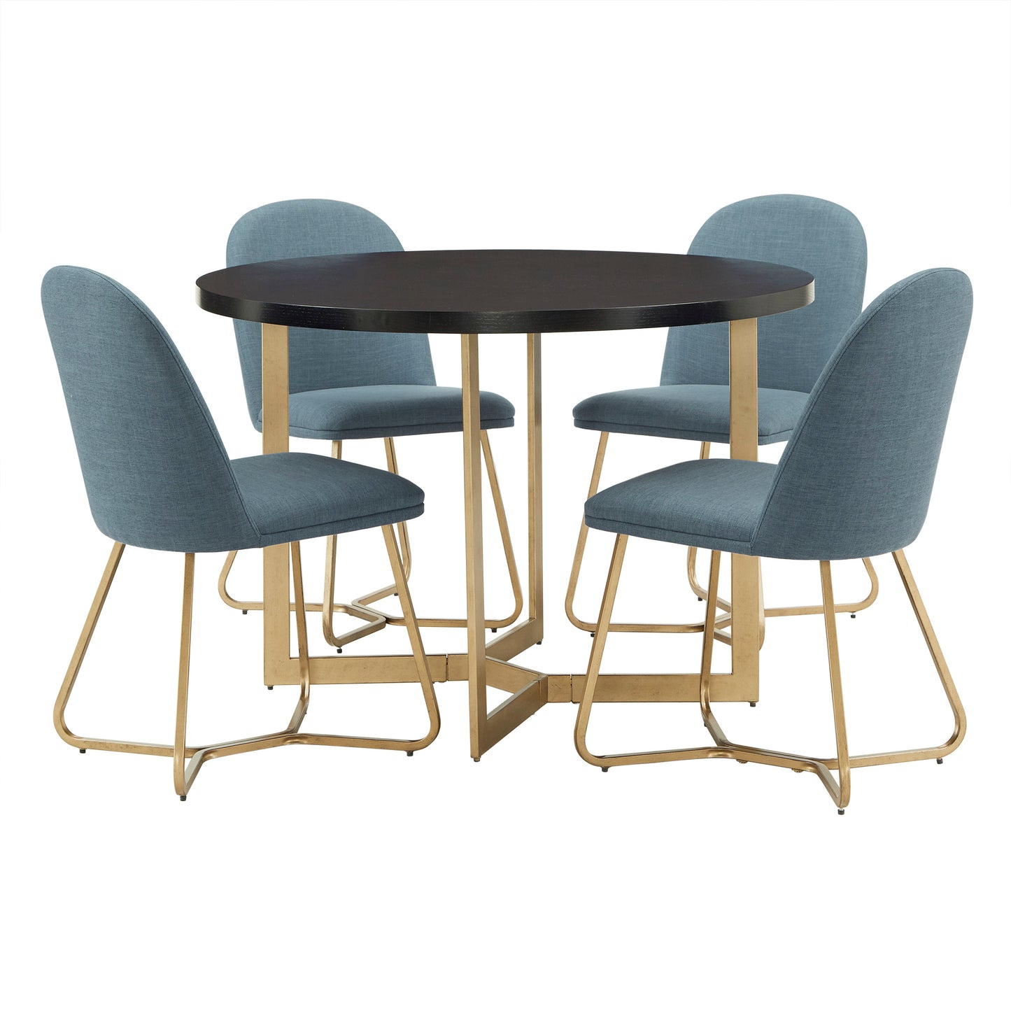 4-Person Gold Metal Base Dining Set - Black Round Table and Peacock Blue Linen Chairs