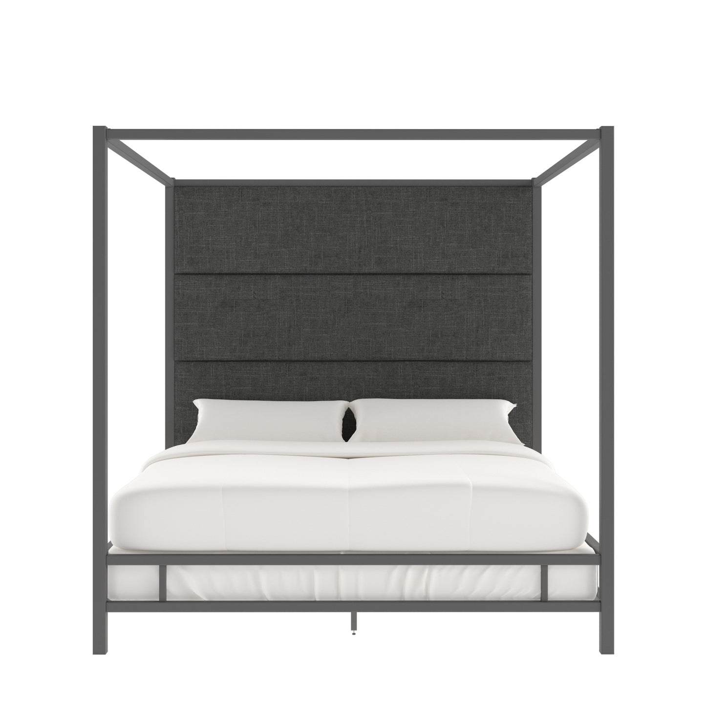 Metal Canopy Bed with Linen Panel Headboard - Dark Grey Linen, Black Nickel Finish, King Size