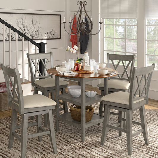 Antique Finish Drop Leaf Round Counter Height Dining Set - Antique Grey, Double X Back Swivel Chair, 5-Piece