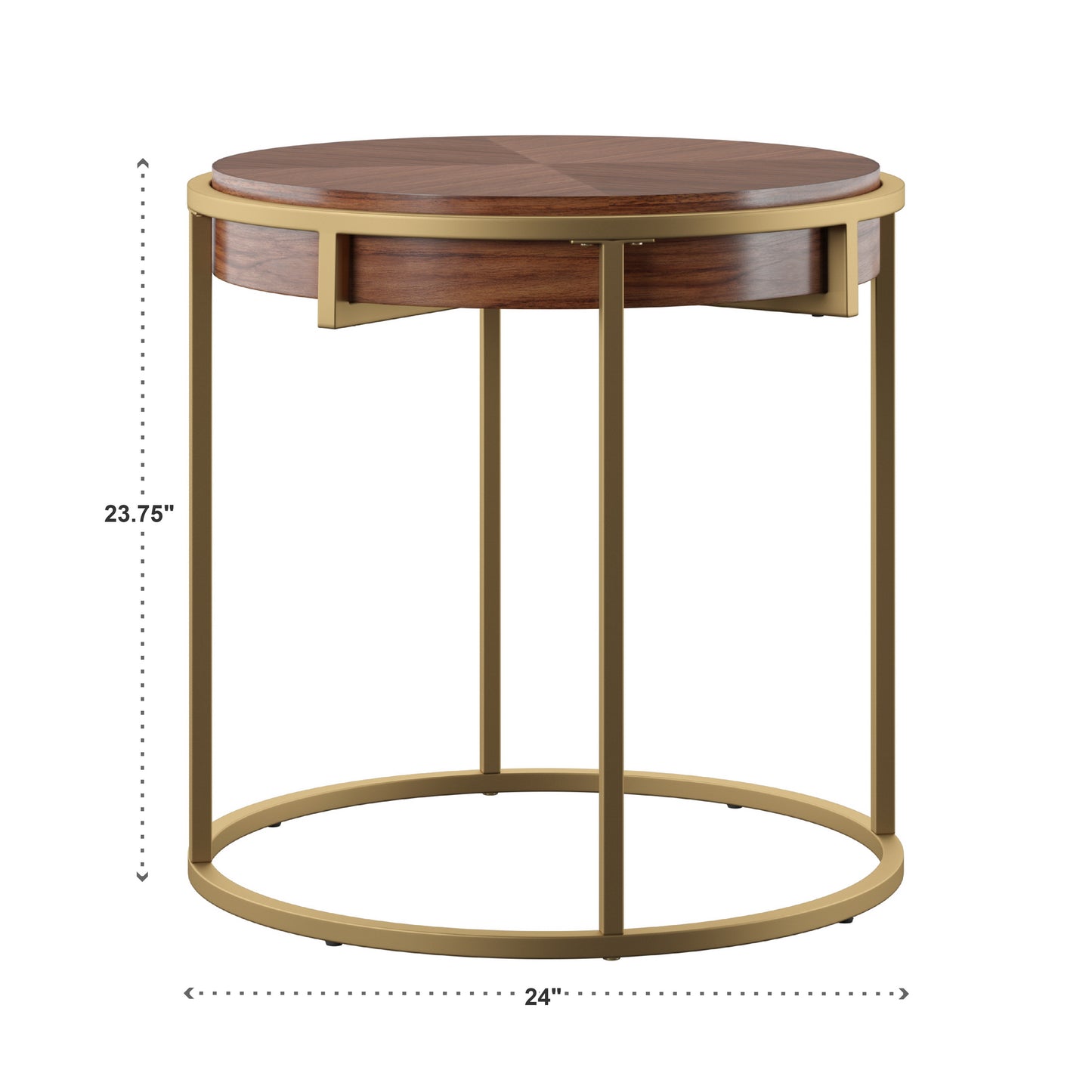 Round End Table with Metal Base - Natural Finish, Gold Base