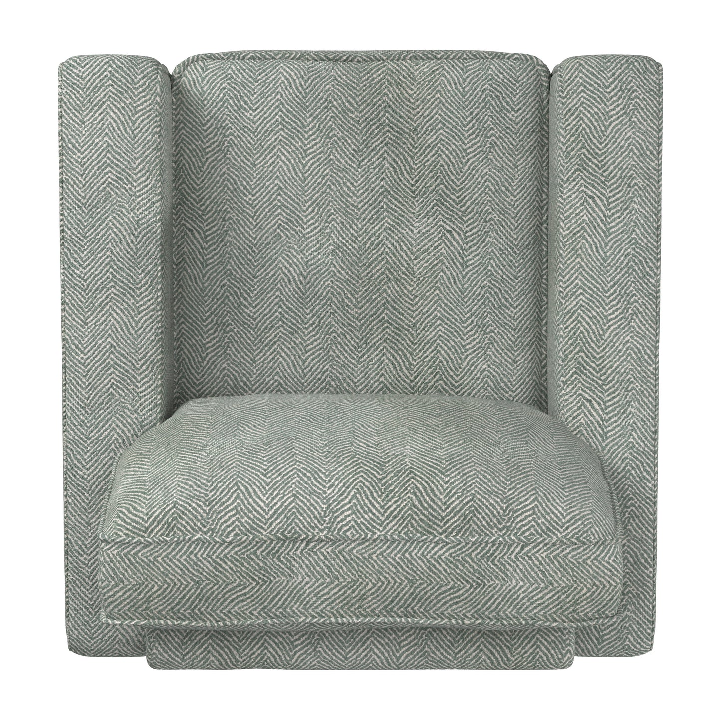 Modern Fabric Upholstered Square Arm Sofa - Living Room Chair, Moss Green and White Herringbone Pattern Fabric