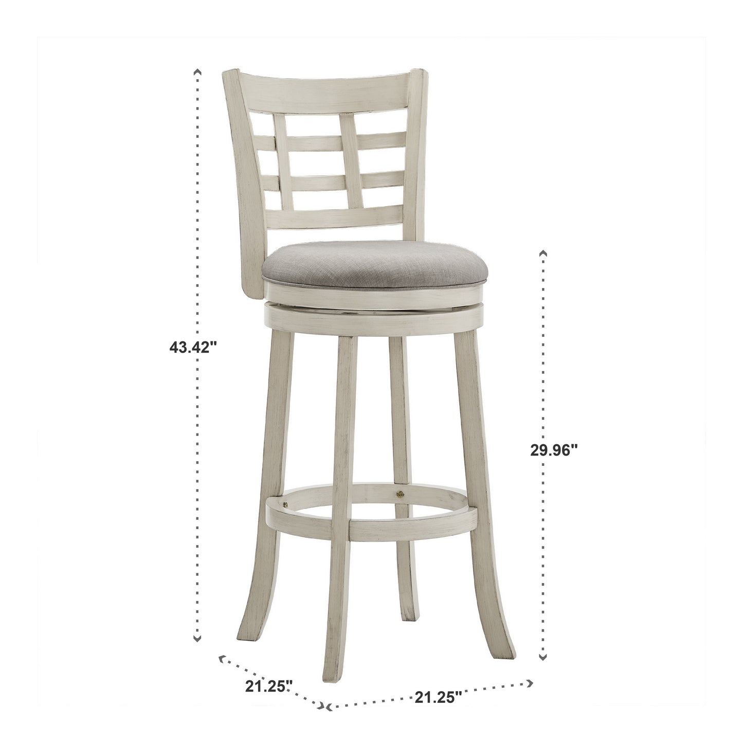 Window Back 29"H Swivel Bar Stool - Antique White Finish, Gray Linen