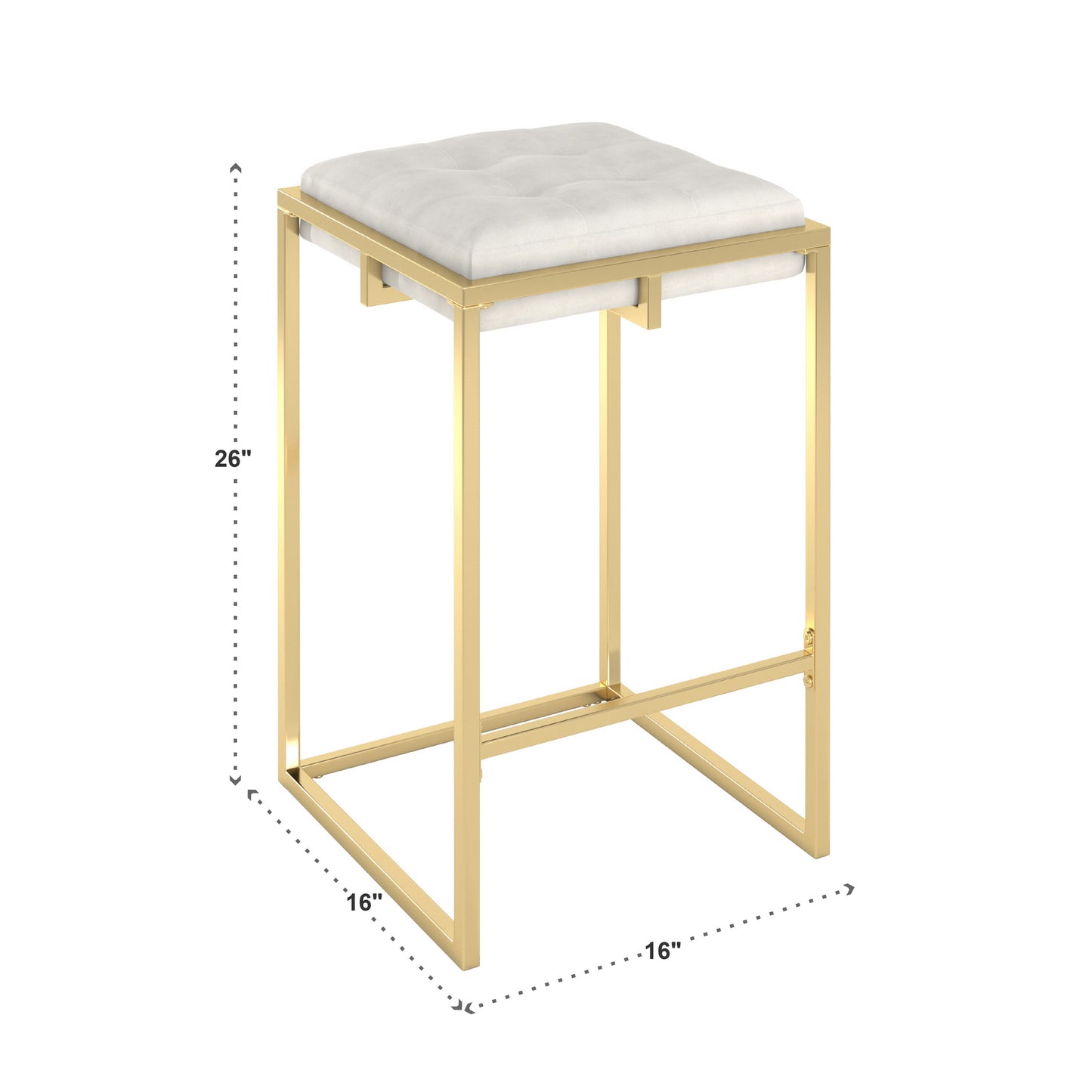 Gold Finish Velvet Button Tufted Bar Stools (Set of 2) - Beige Velvet, 24" Counter Height