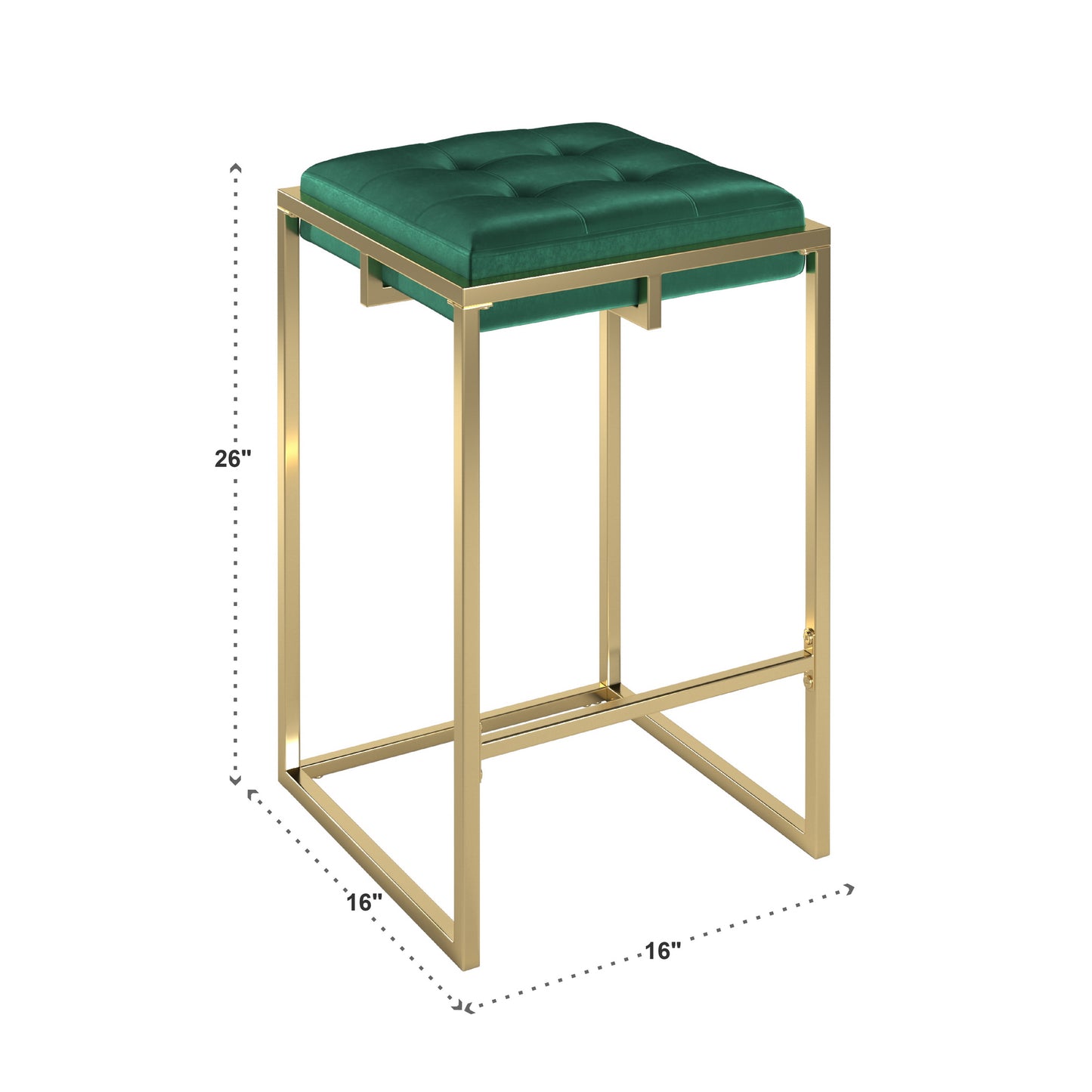 Gold Finish Velvet Button Tufted Bar Stools (Set of 2) - Dark Green, 24" Counter Height