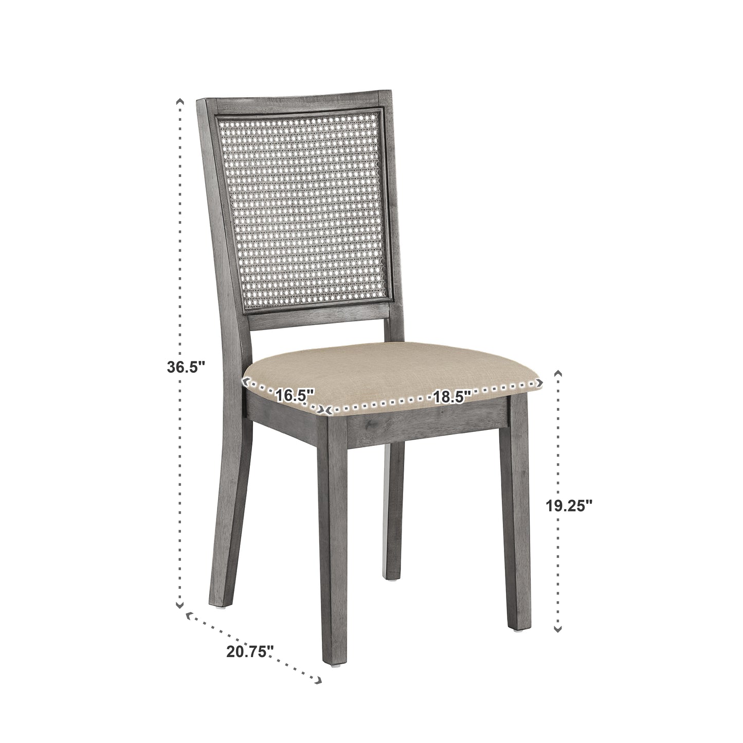 Antique Grey Beige Linen Rattan Back Dining Chairs (Set of 2)