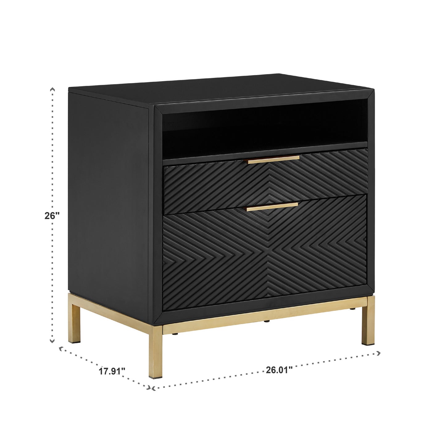 26" Tall 2 - Drawer Nightstand - Black Finish, Gold Accent