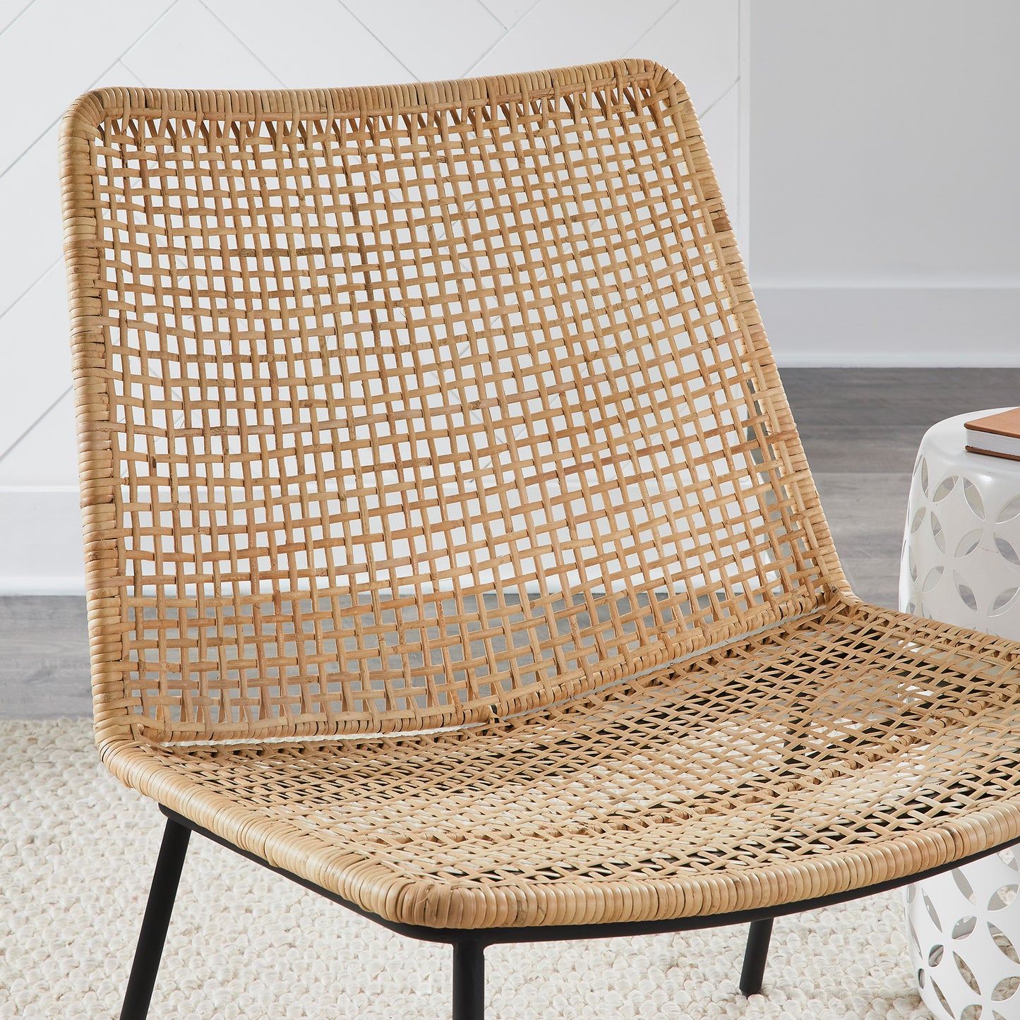 27.16" Wide Natural Curved Rattan Chair with Black Metal Frame