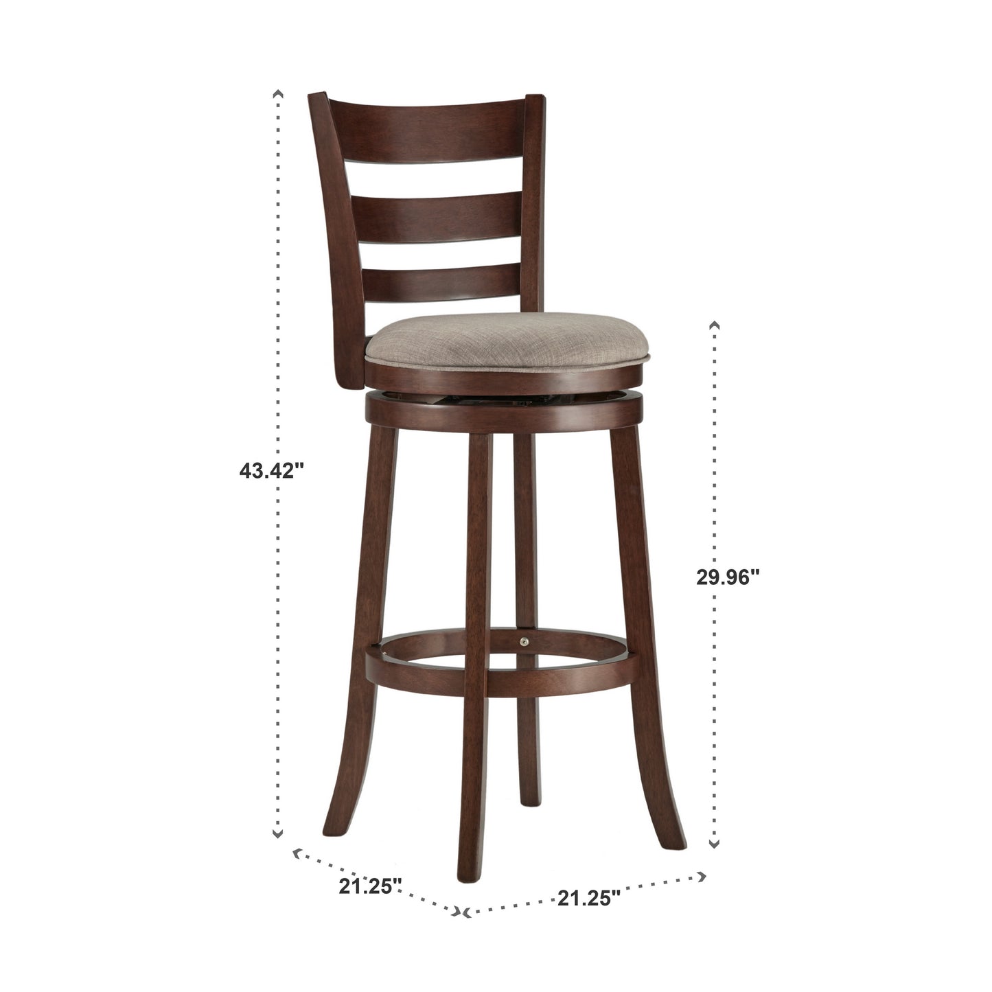 Ladder Back 29"H Swivel Bar Stool - Dark Cherry Finish, Gray Linen