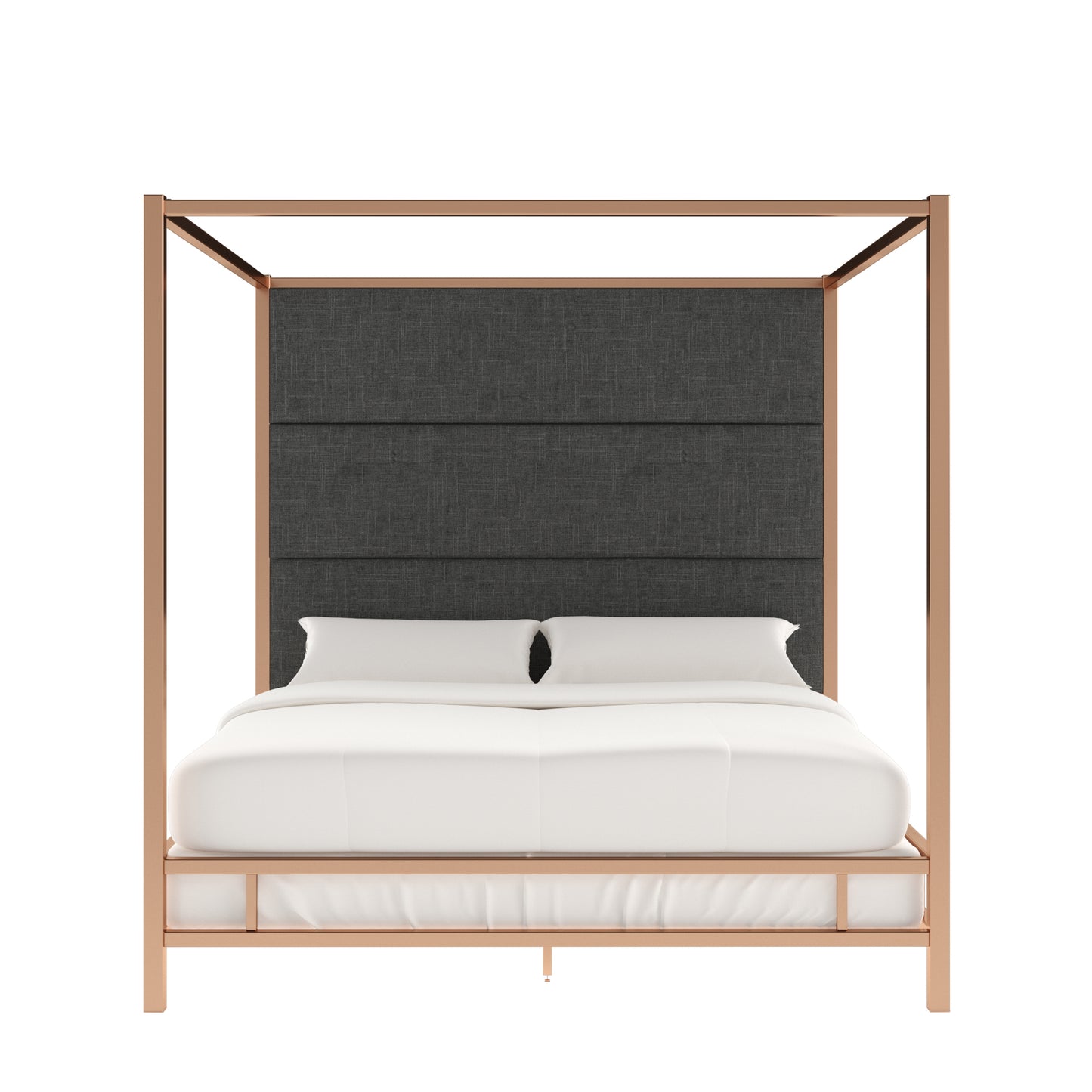 Metal Canopy Bed with Linen Panel Headboard - Dark Grey Linen, Champagne Gold Finish, King Size