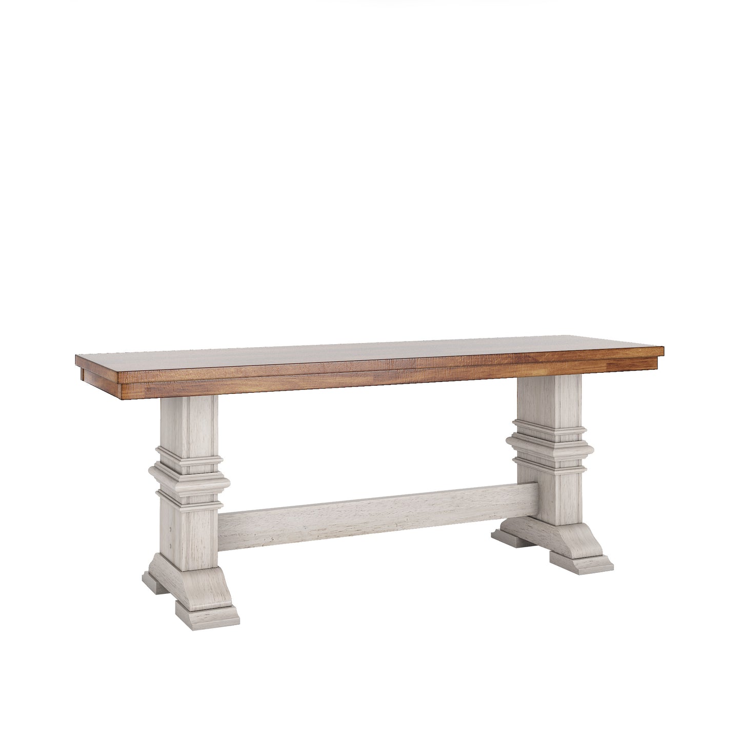 Two-Tone Trestle Leg Wood Dining Bench - Oak Top with Antique White Base