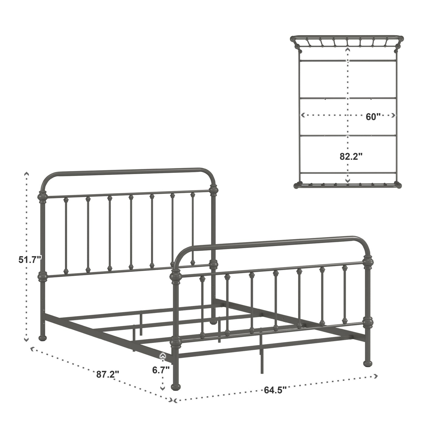 Antique Graceful Victorian Iron Metal Bed - Dark Gray, Queen (Queen Size)