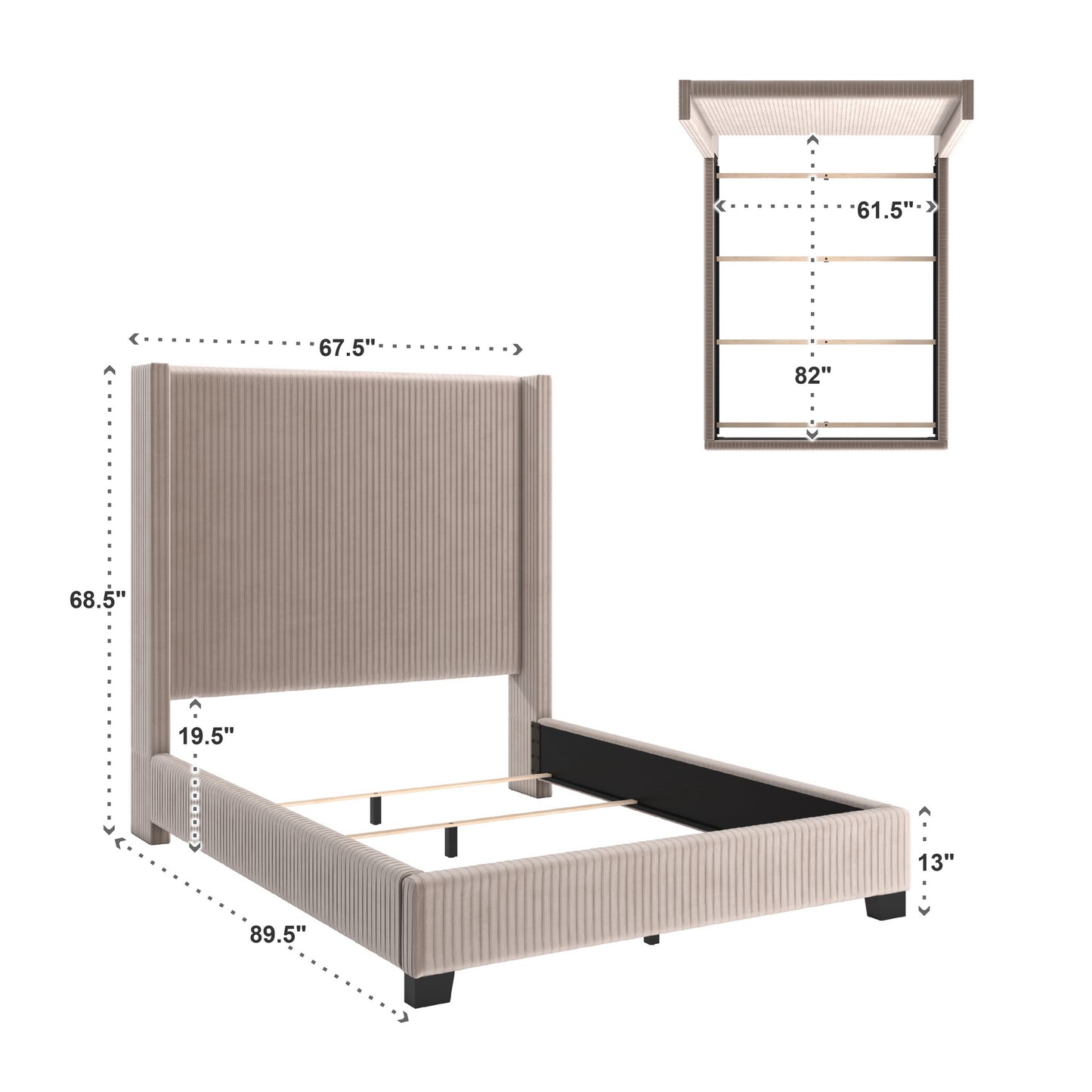 Pleated Velvet Wingback Bed - Taupe, Queen (Queen Size)