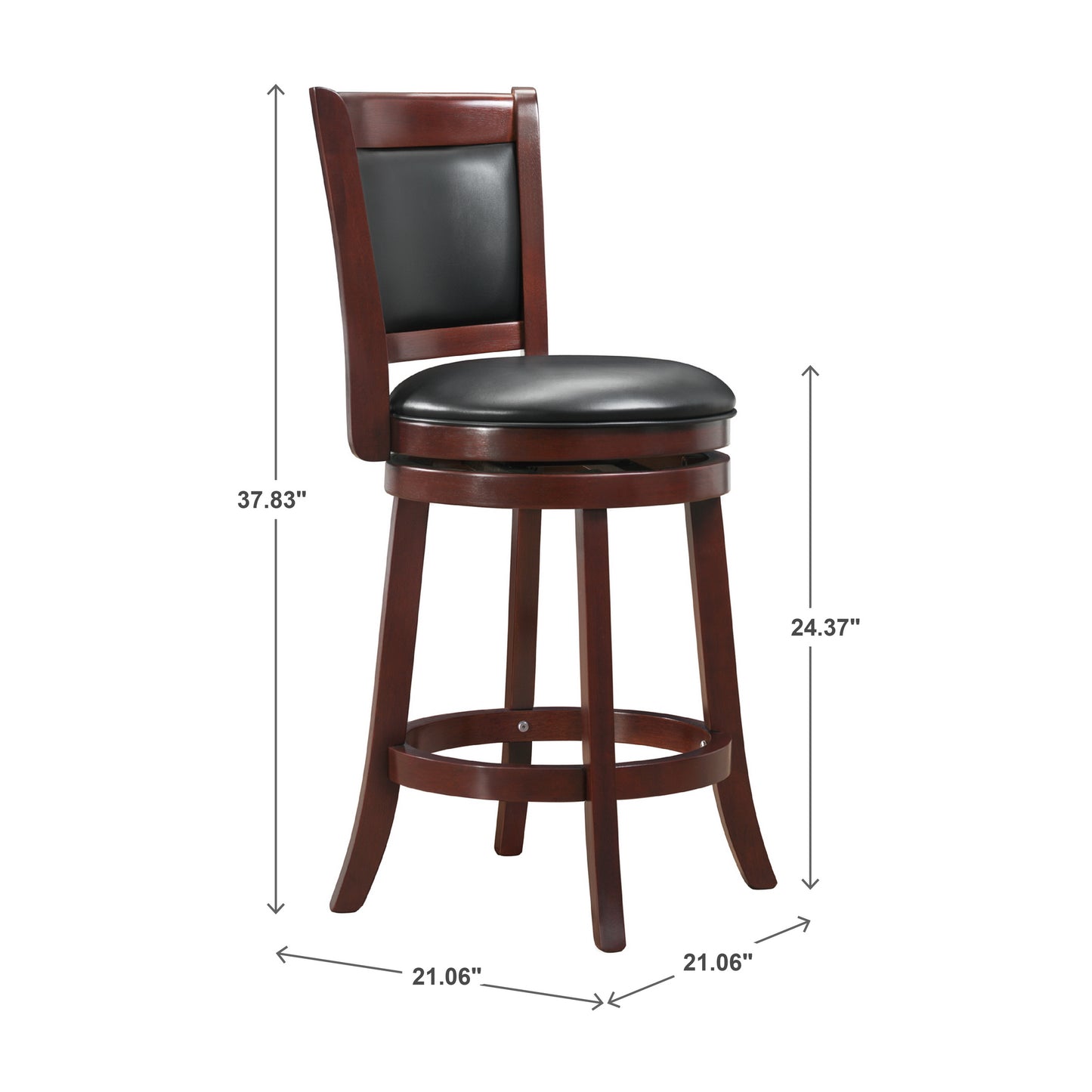 Upholstered Back Swivel Stool - 24" Counter Height, Cherry Finish, Black Faux Leather