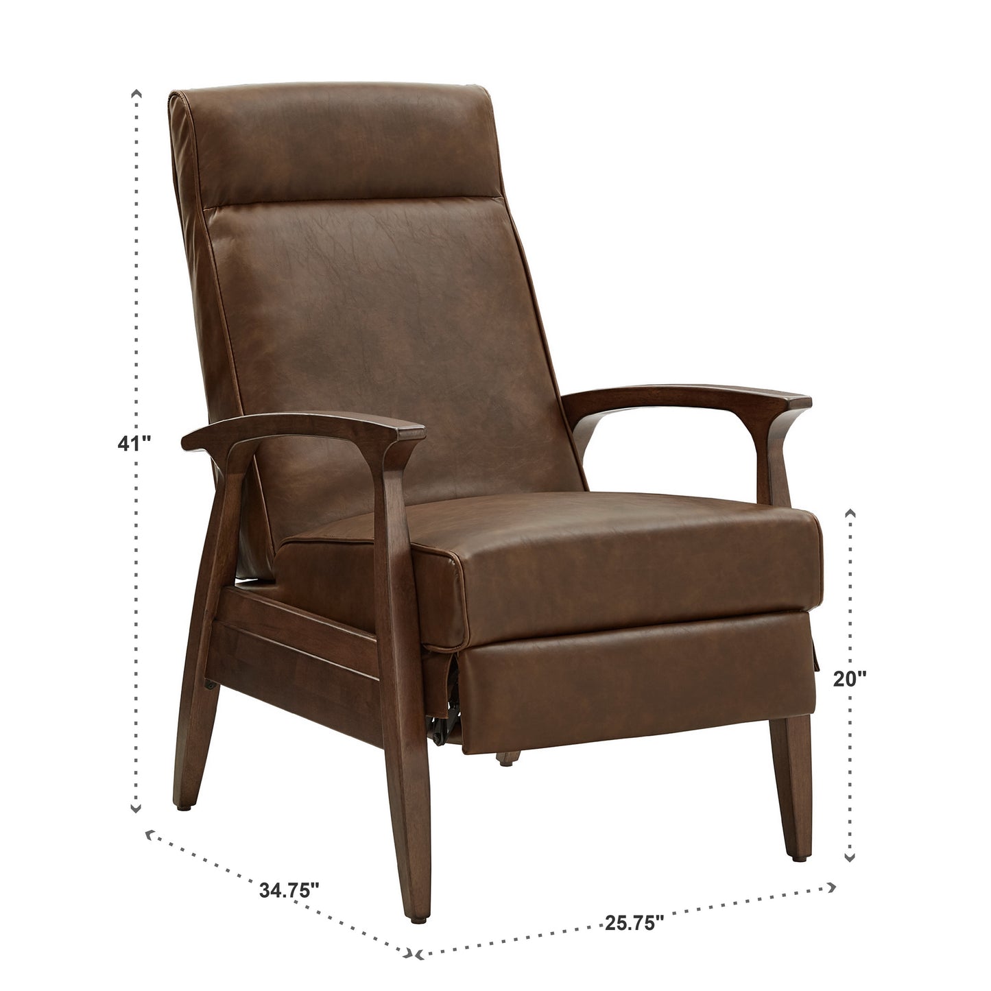 25.75" Wide Mid-Century Modern Recliner - Walnut Finish and Brown Faux Leather