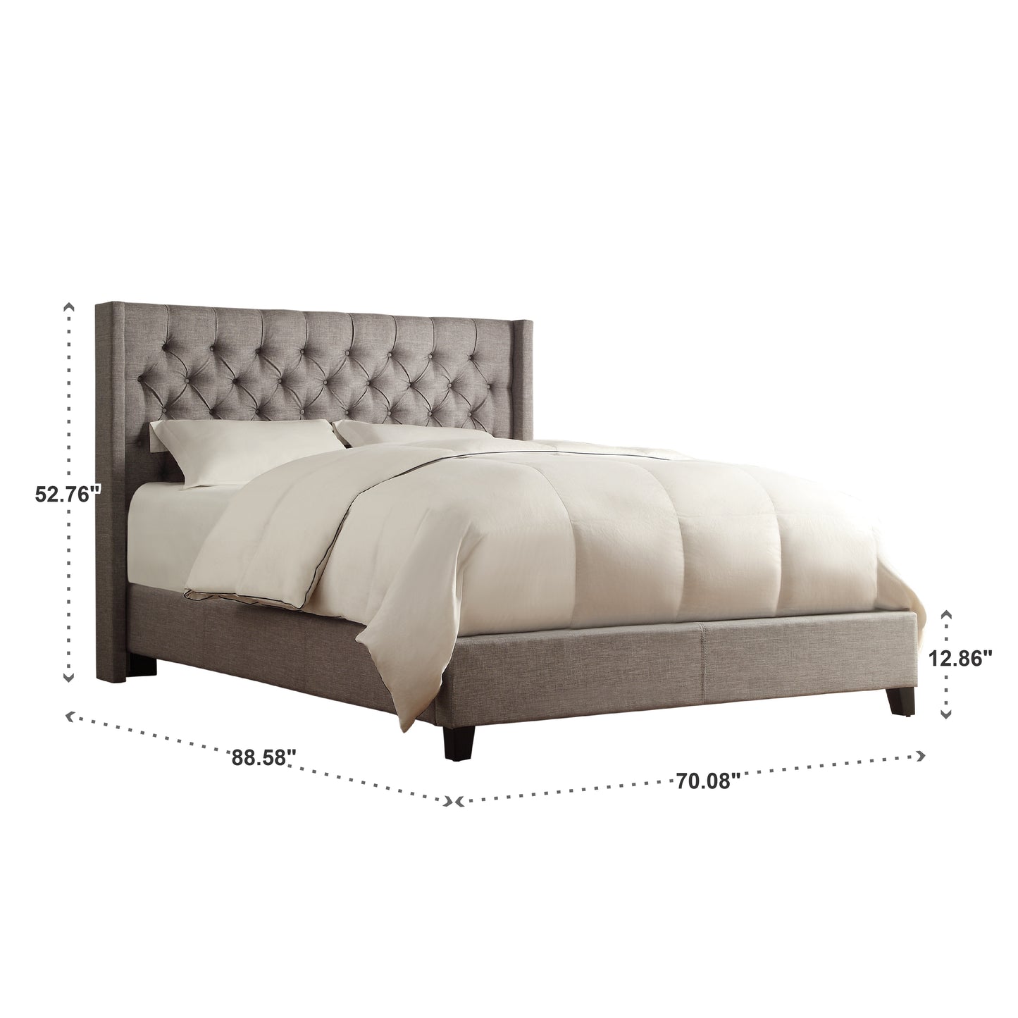 Wingback Button Tufted Platform Bed - Grey Linen, Queen