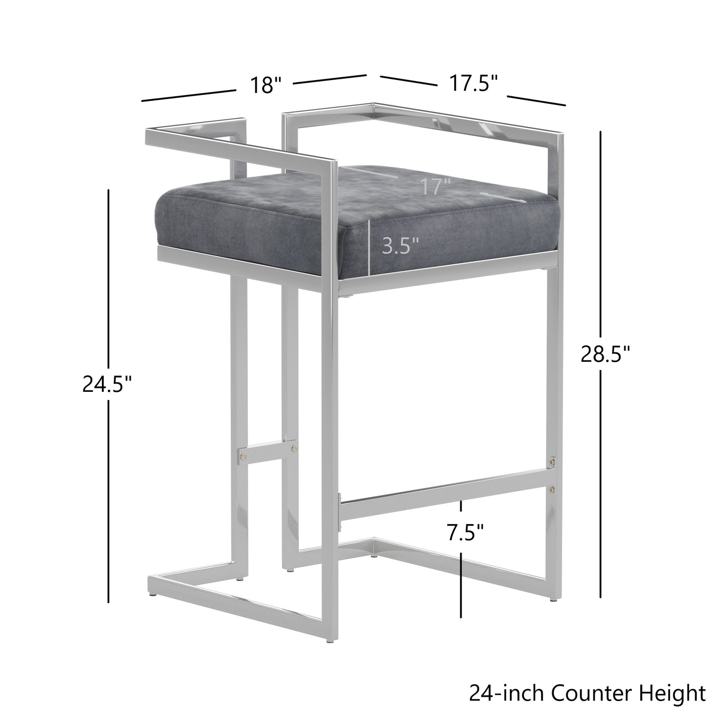 Velvet Upholstered Chrome Metal Counter Height Stools (Set of 2) - Chrome Finish, Blue Steel Velvet