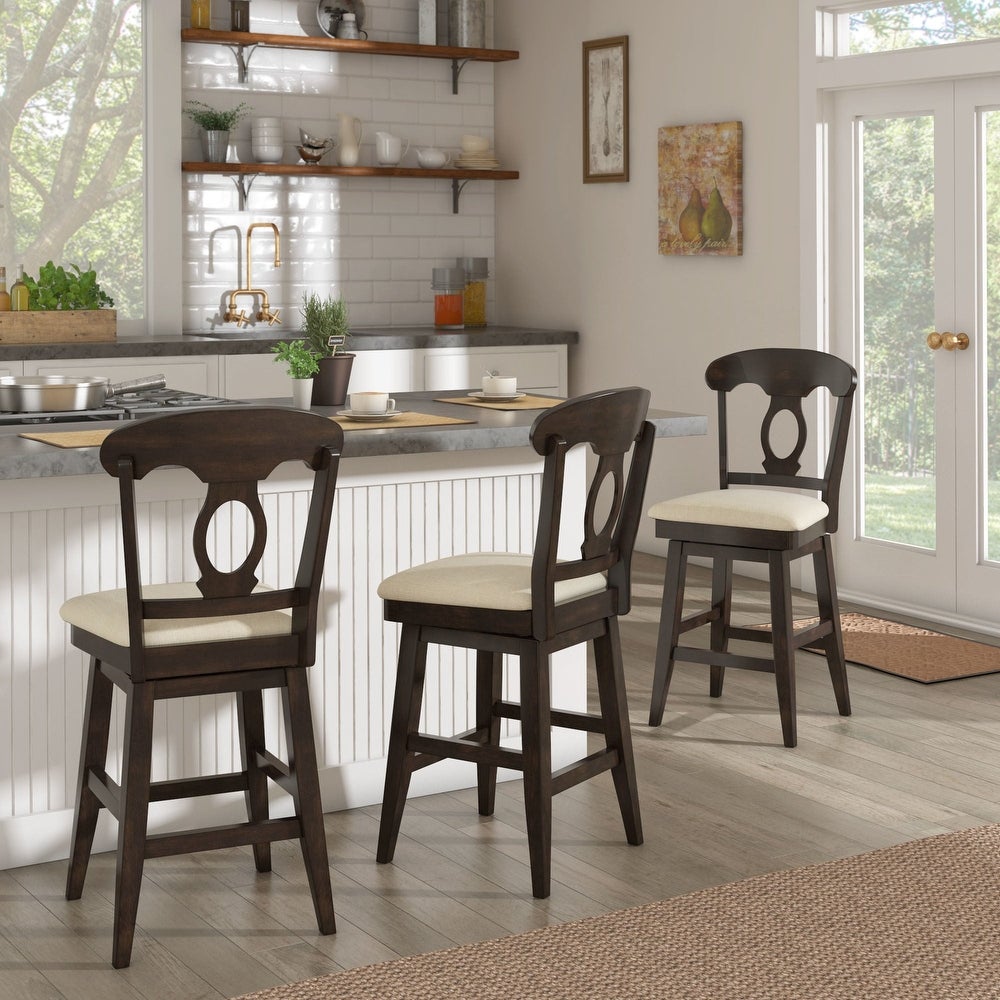 Napoleon Back Wood Swivel Bar Stool Antique Black Finish by