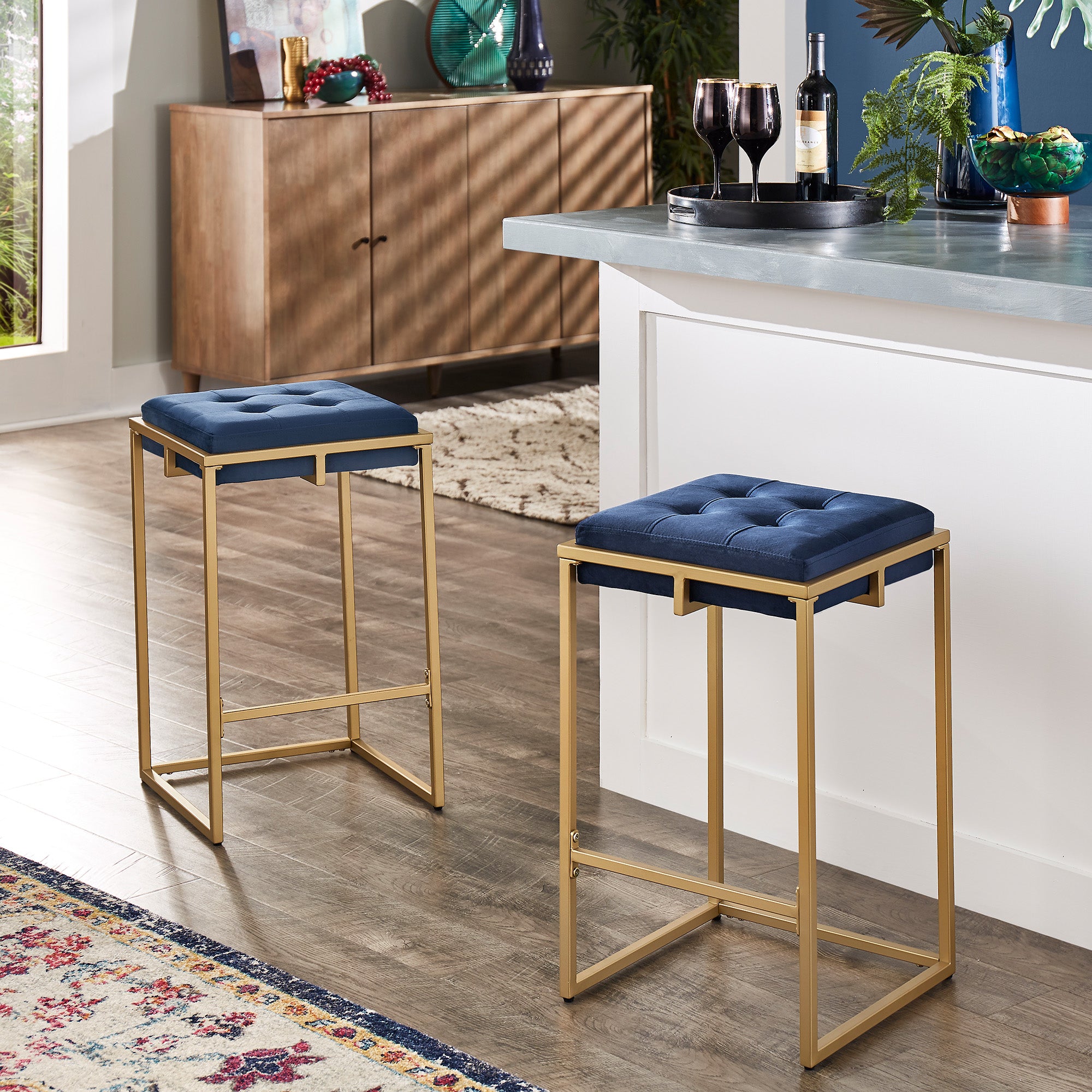 Gold Finish Velvet Button Tufted Bar Stools (Set of 2) Blue