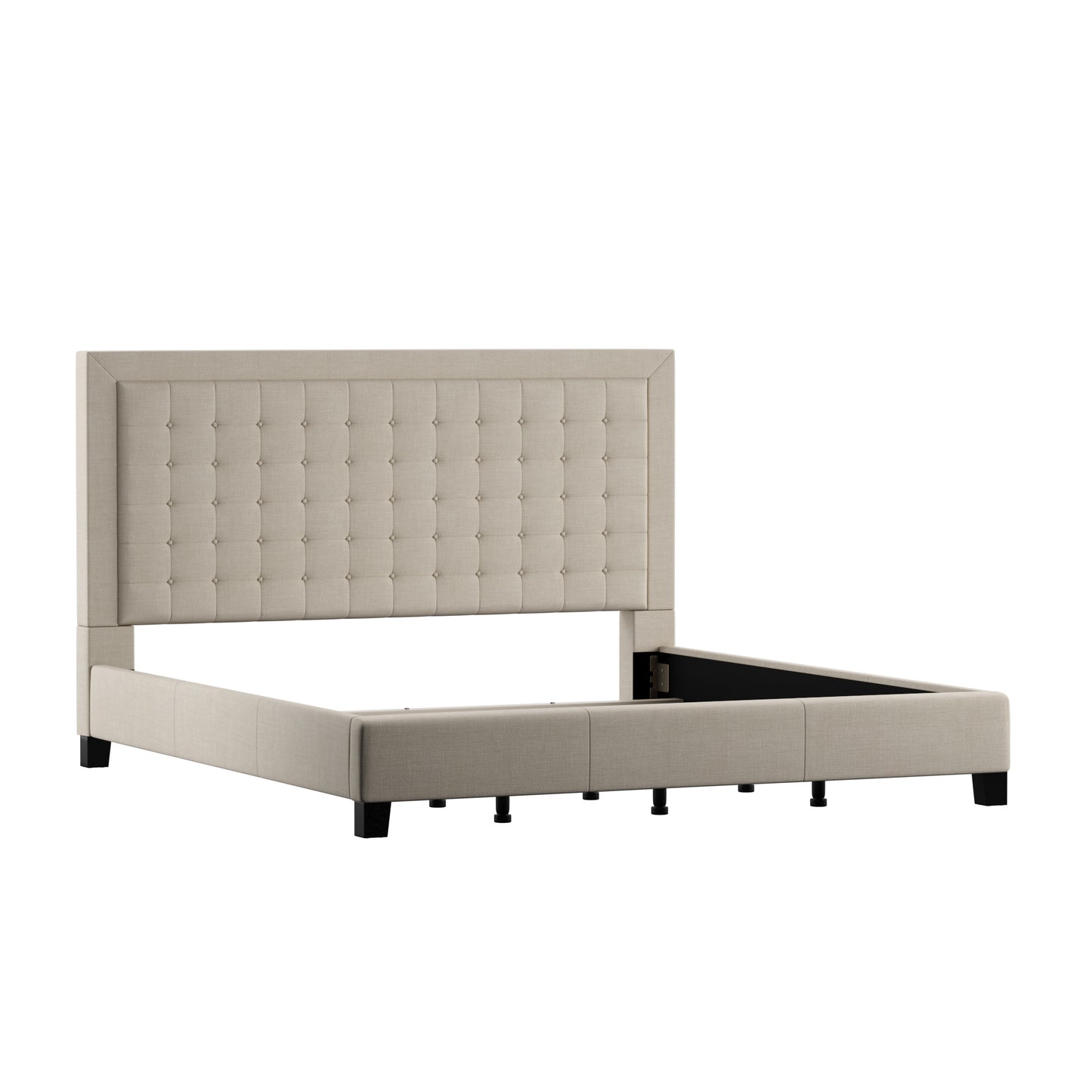 Square Button-Tufted Upholstered Bed - Beige, King