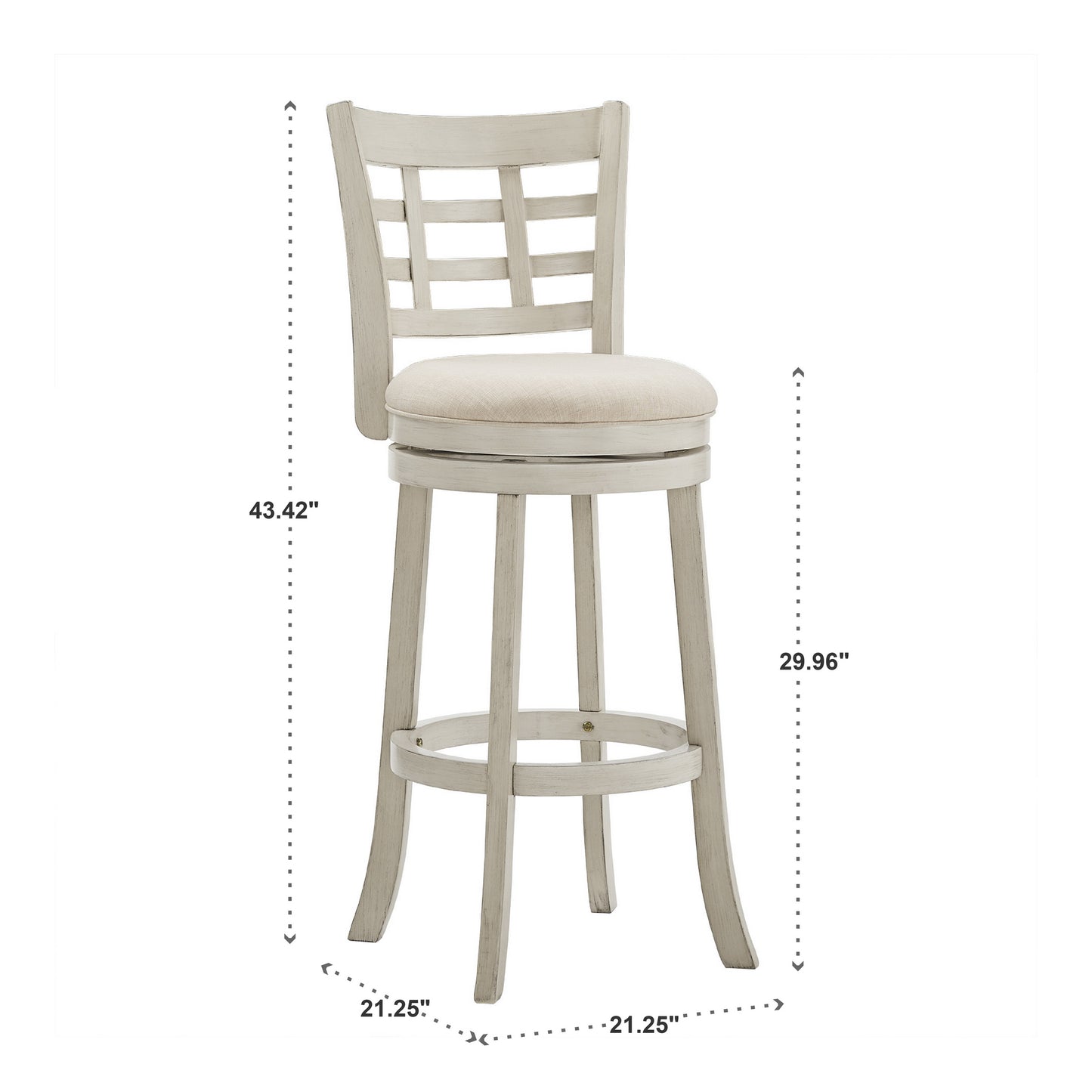 Window Back 29"H Swivel Bar Stool - Antique White Finish, Beige Linen