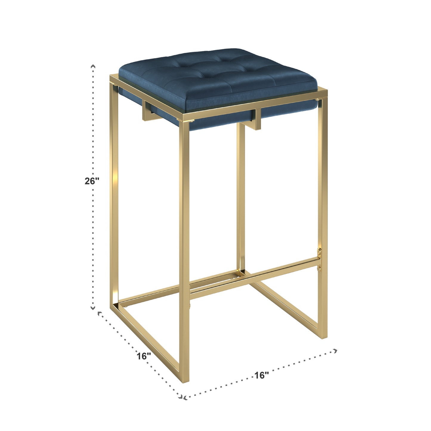 Gold Finish Velvet Button Tufted Bar Stools (Set of 2) - Blue Velvet, 24" Counter Height