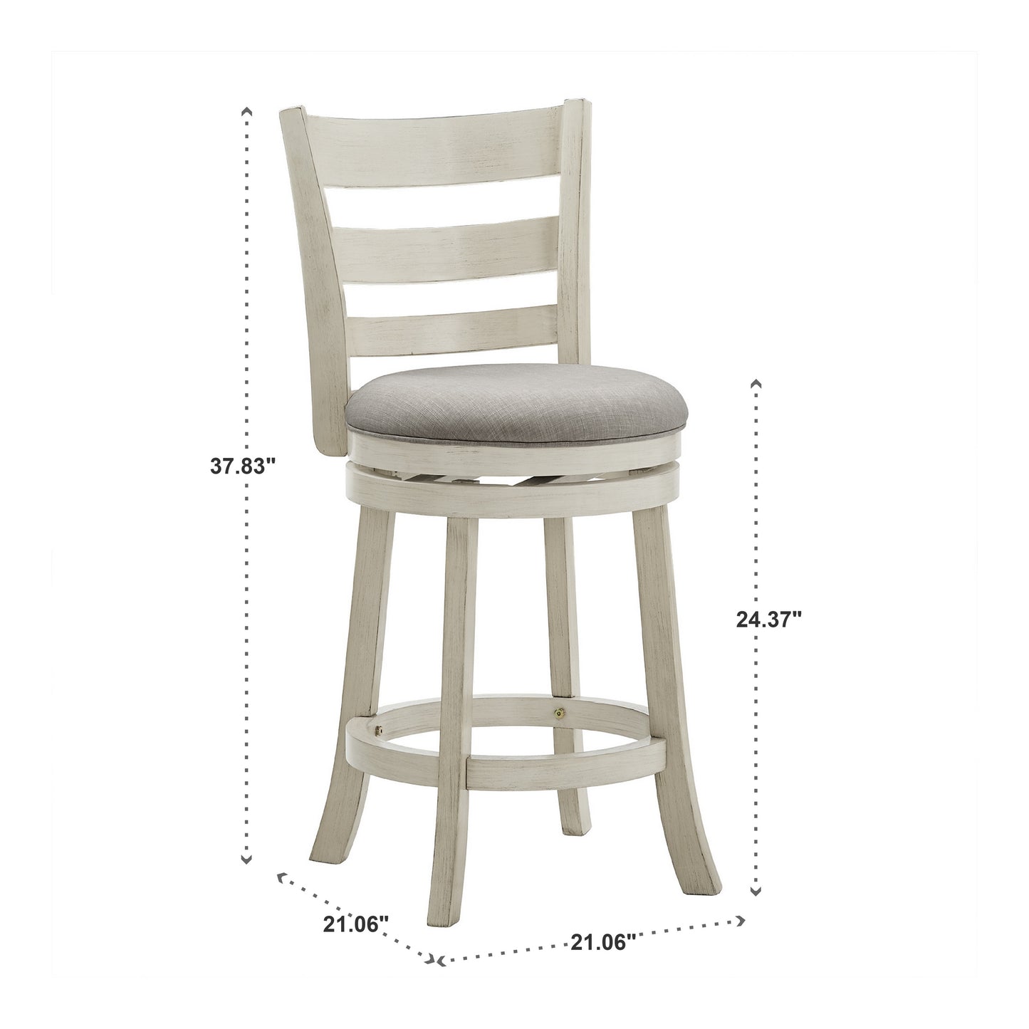 Ladder Back 24"H Swivel Counter Height Stool - Antiqua Whita Finish, Gray Linan