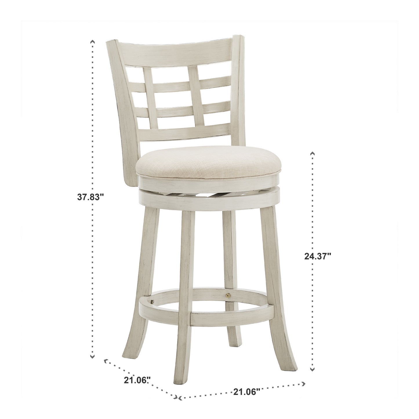 Window Back 24"H Swivel Counter Height Stool - Antique White Finish, Beige Linen