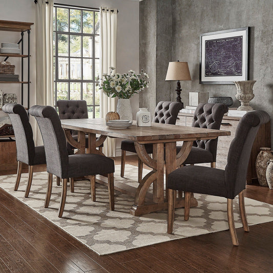 Reclaimed Wood Table with Rolled Top Tufted Chairs Dining Set - Dark Grey Linen, 7-Piece Set