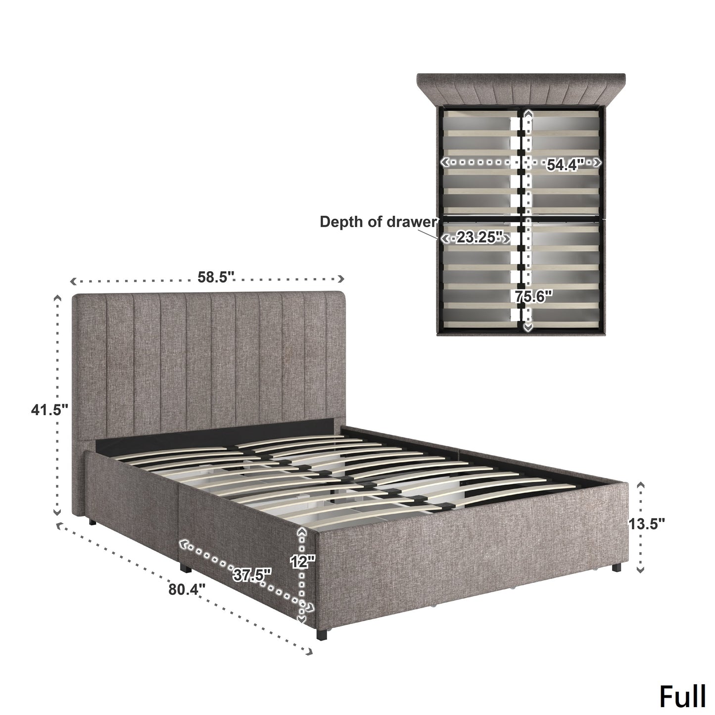 Gray Linan Upholstered Storage Platform Bad with Channal Headboard - Gray Linen, Full (Full Size)