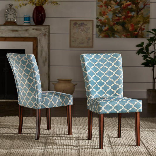 Moroccan Pattern Fabric Parsons Dining Chairs (Set of 2) - Espresso Finish, Heritage Blue