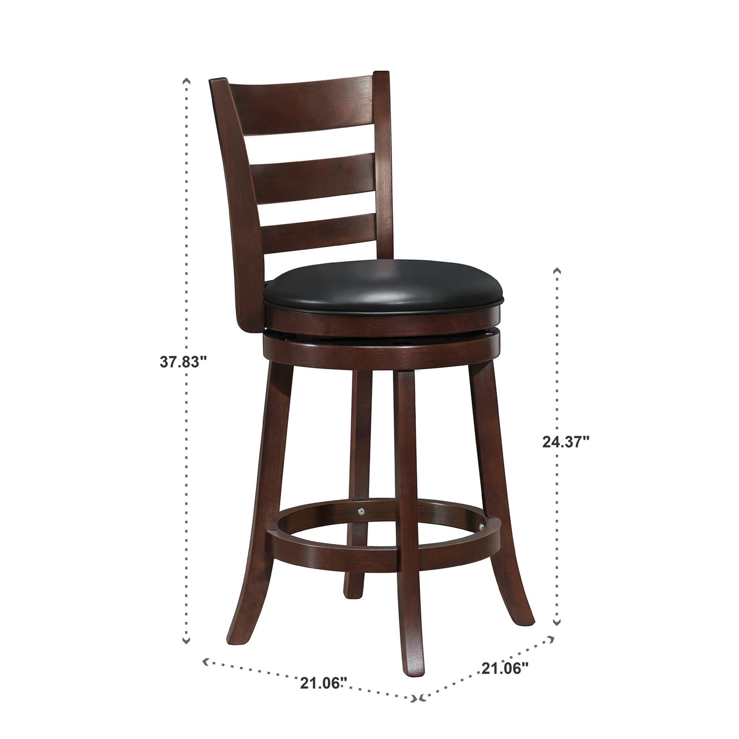 Ladder Back 24"H Swivel Counter Height Stool - Dark Cherry Finish, Black Faux Leather
