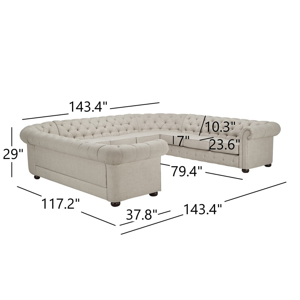 11-Seat U-Shaped Chesterfield Sectional Sofa - Beige Linen