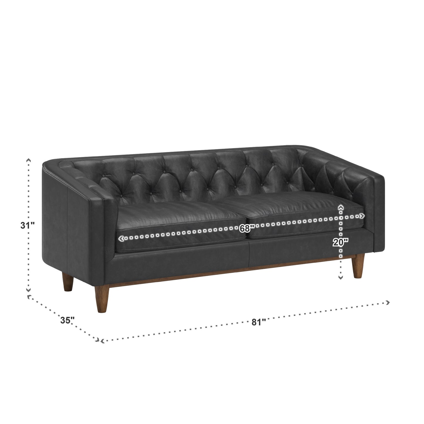Dark Oak Finish Black All Leather Button Tufted Loveseat