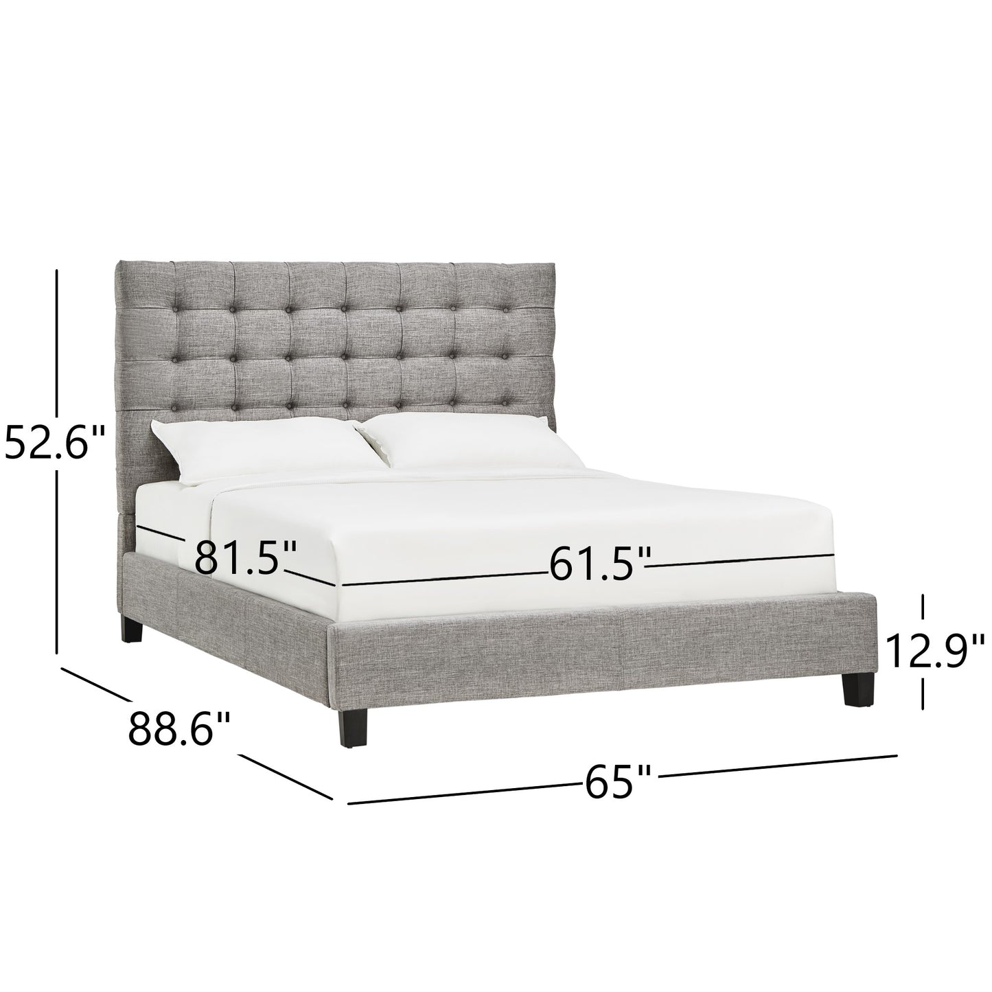 Button Tufted Linen Upholstered Platform Bed - Grey Linen, Queen