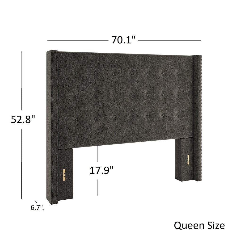 Nailhead Wingback Button Tufted Headboard - Beige Linen, Queen
