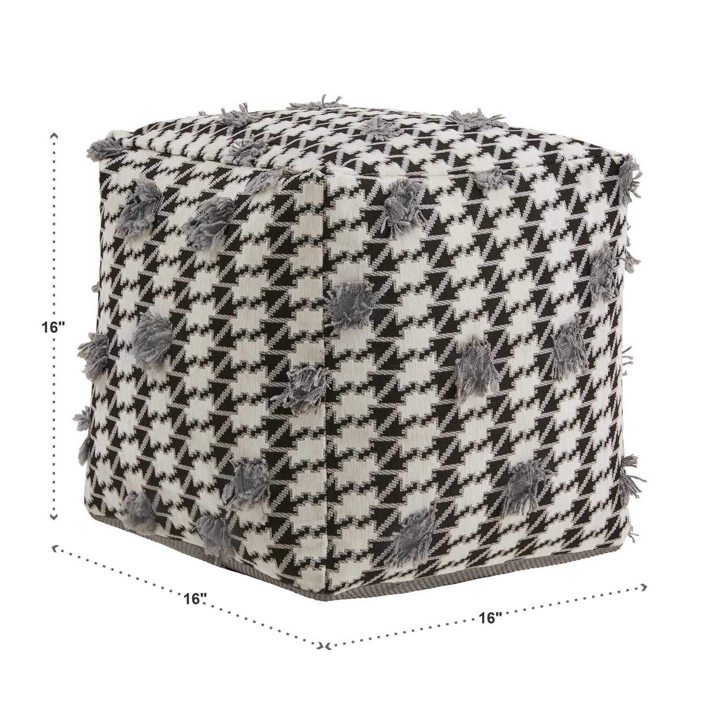 Upholstered Square Pouf Ottoman - Black & White Houndstooth Pattern Fabric With Fringe