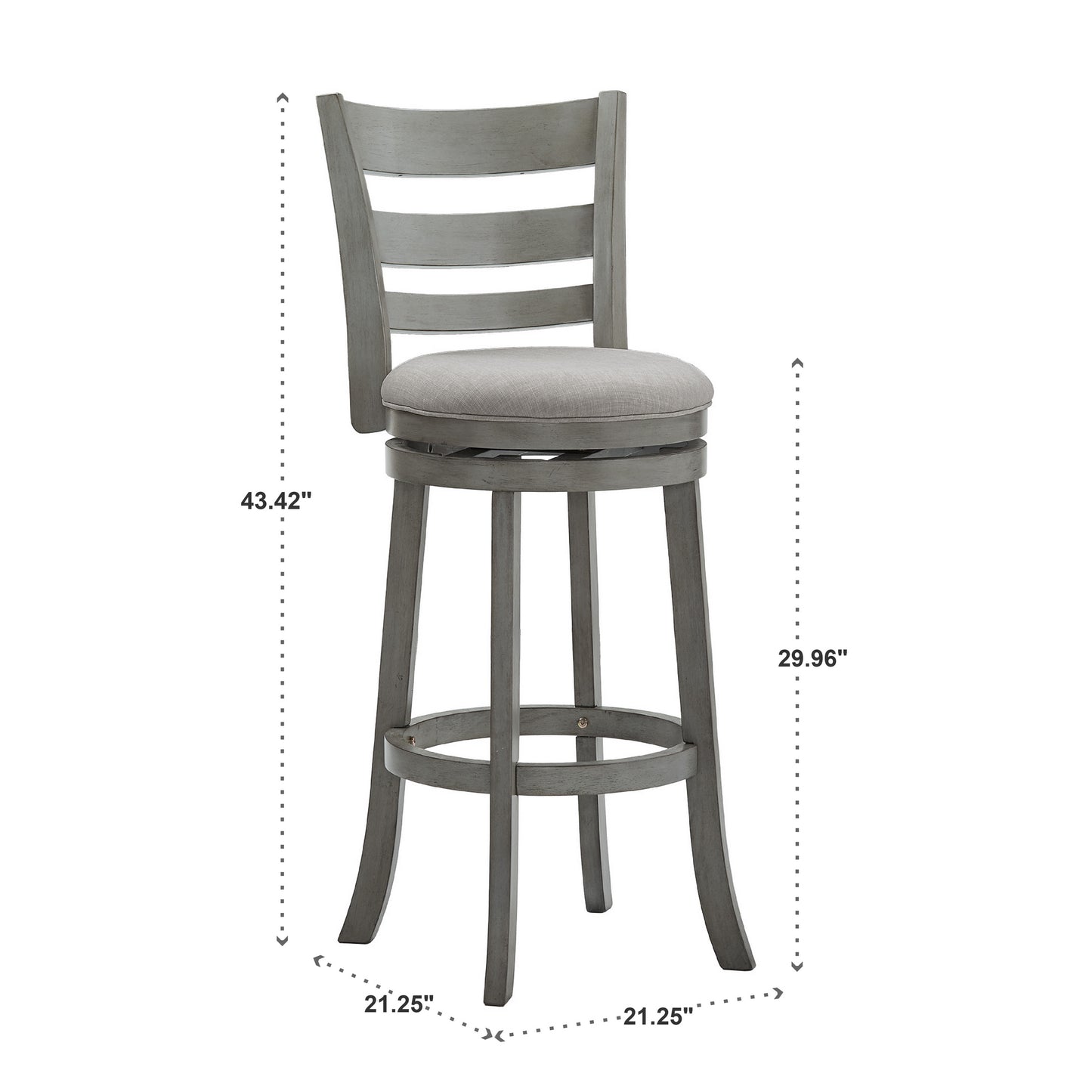 Ladder Back 29"H Swivel Bar Stool - Antique Gray Finish, Gray Linen