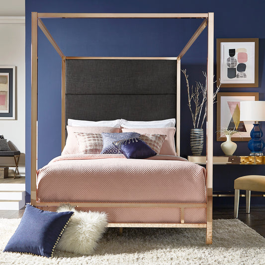 Metal Canopy Bed with Linen Panel Headboard - Dark Grey Linen, Champagne Gold Finish, Queen Size