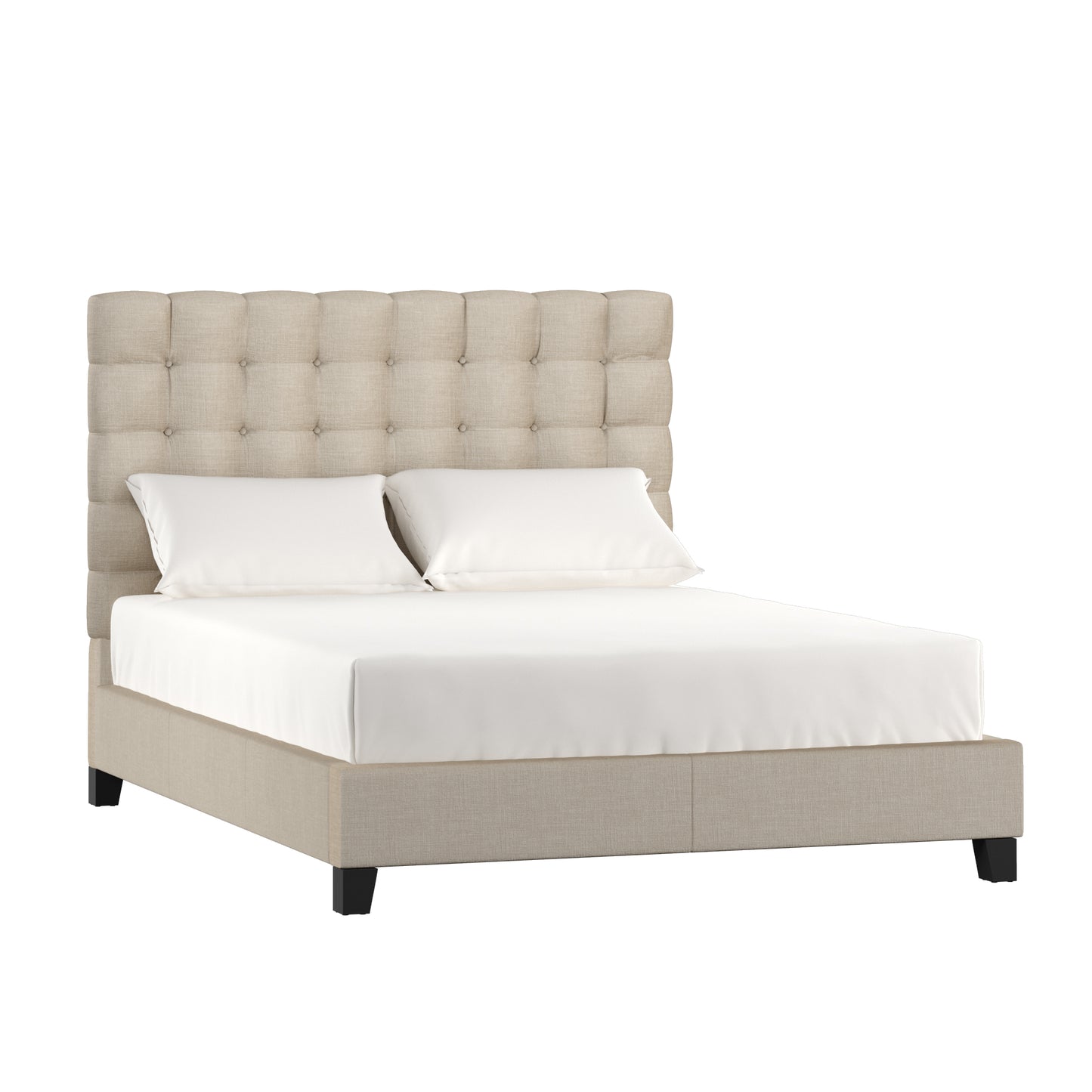 Button Tufted Linen Upholstered Bed - Beige, Queen