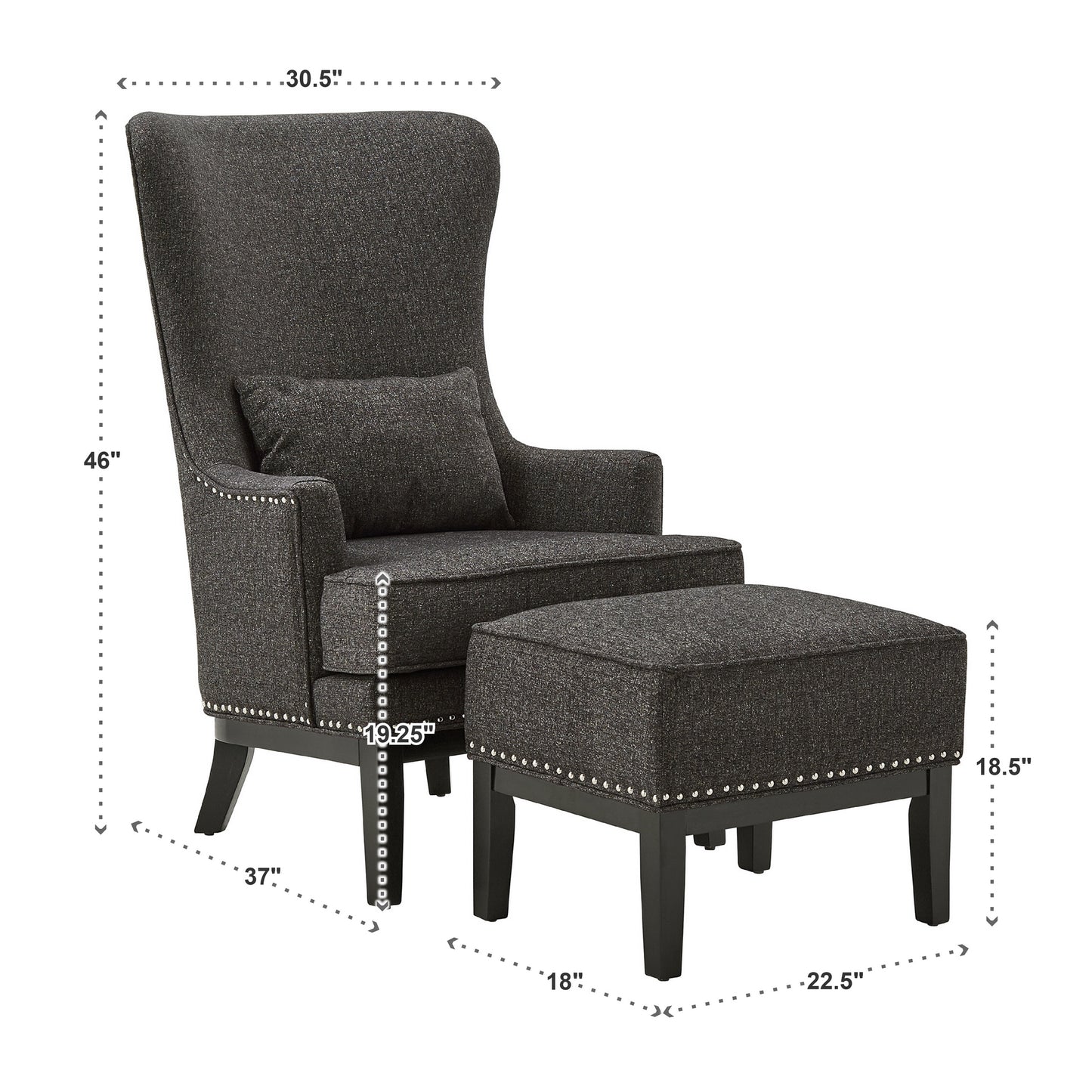High Back Wing Lounge Chair with Footstool - Black Heathered Weave