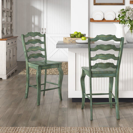 French Ladder Back Wood Counter Height Chairs (Set of 2) - Antique Sage