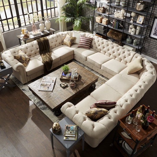 11-Seat U-Shaped Chesterfield Sectional Sofa - Beige Linen