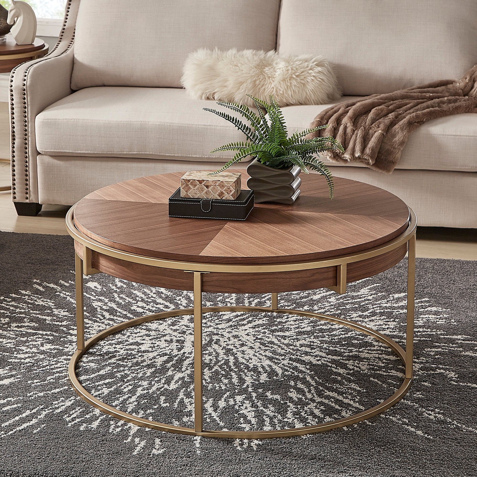 Round Table With Metal Base Natural Finish Coffee Table By INSPIRE Q round-table-with-metal-base-natural-finish-coffee-table-by-inspire-q