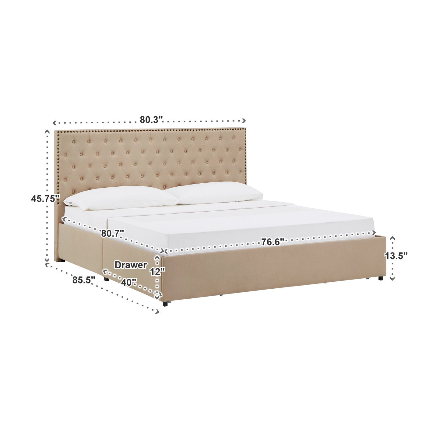 Nailhead Linen Headboard Storage Platform Bed - Beige Linen, King (King Size)