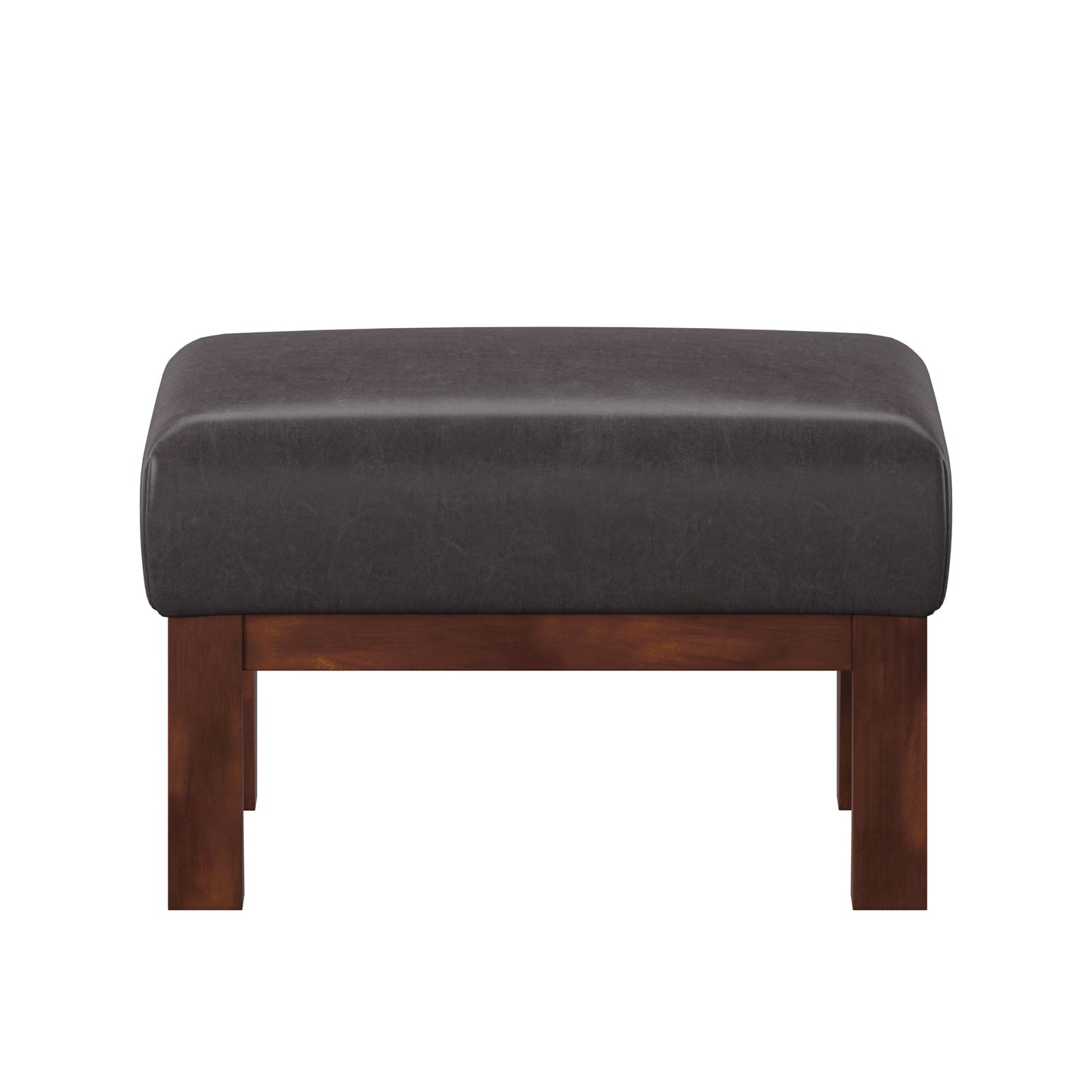Mission-Style Wood Ottoman - Dark Brown Faux Leather, Oak Finish