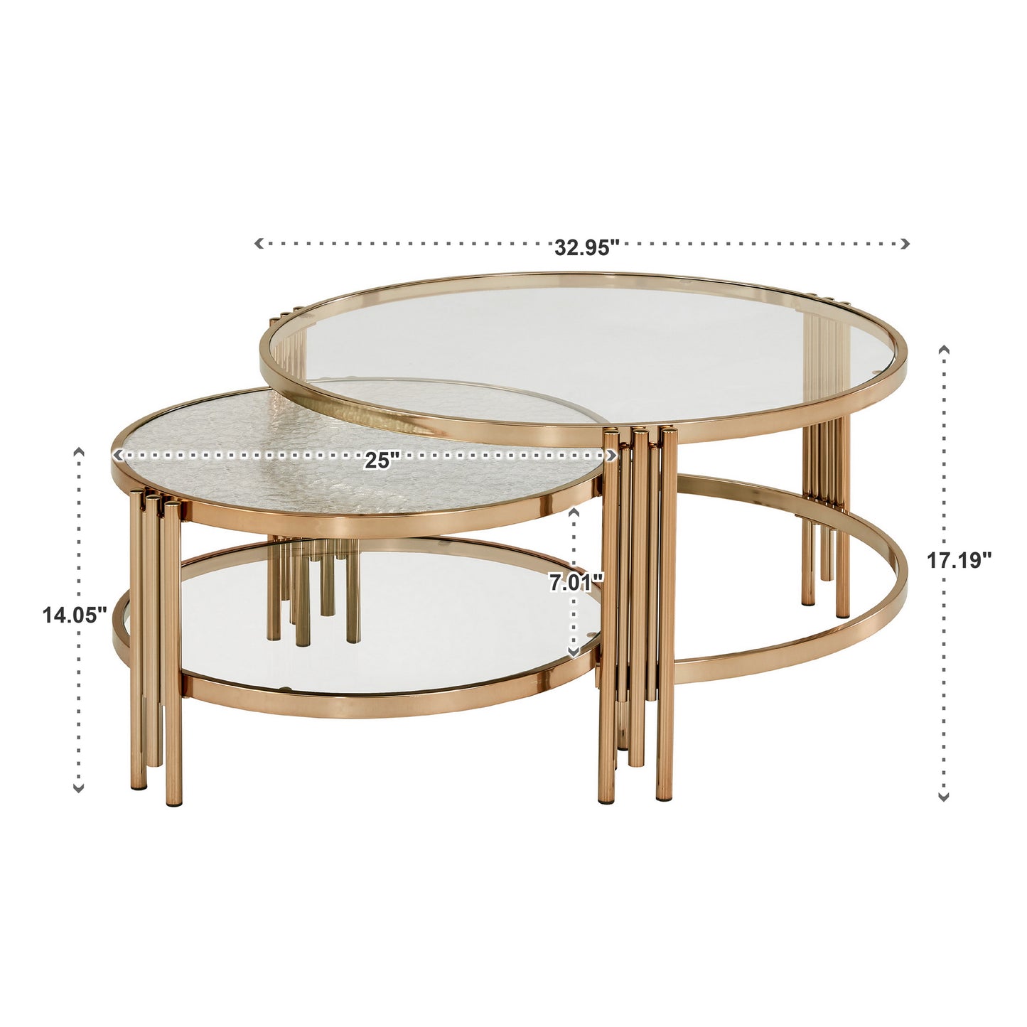 Champagne Gold Finish Textured Glass Table with Shelf - Nesting Coffee Table