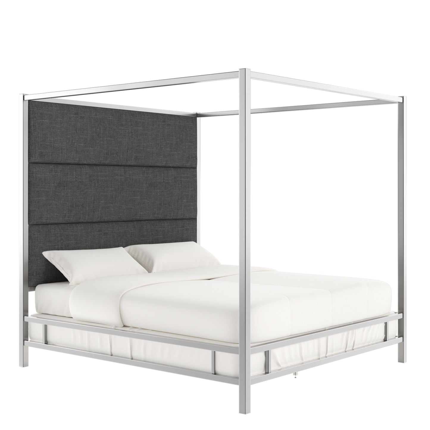 Metal Canopy Bed with Linen Panel Headboard - Dark Grey Linen, Chrome Finish, King Size
