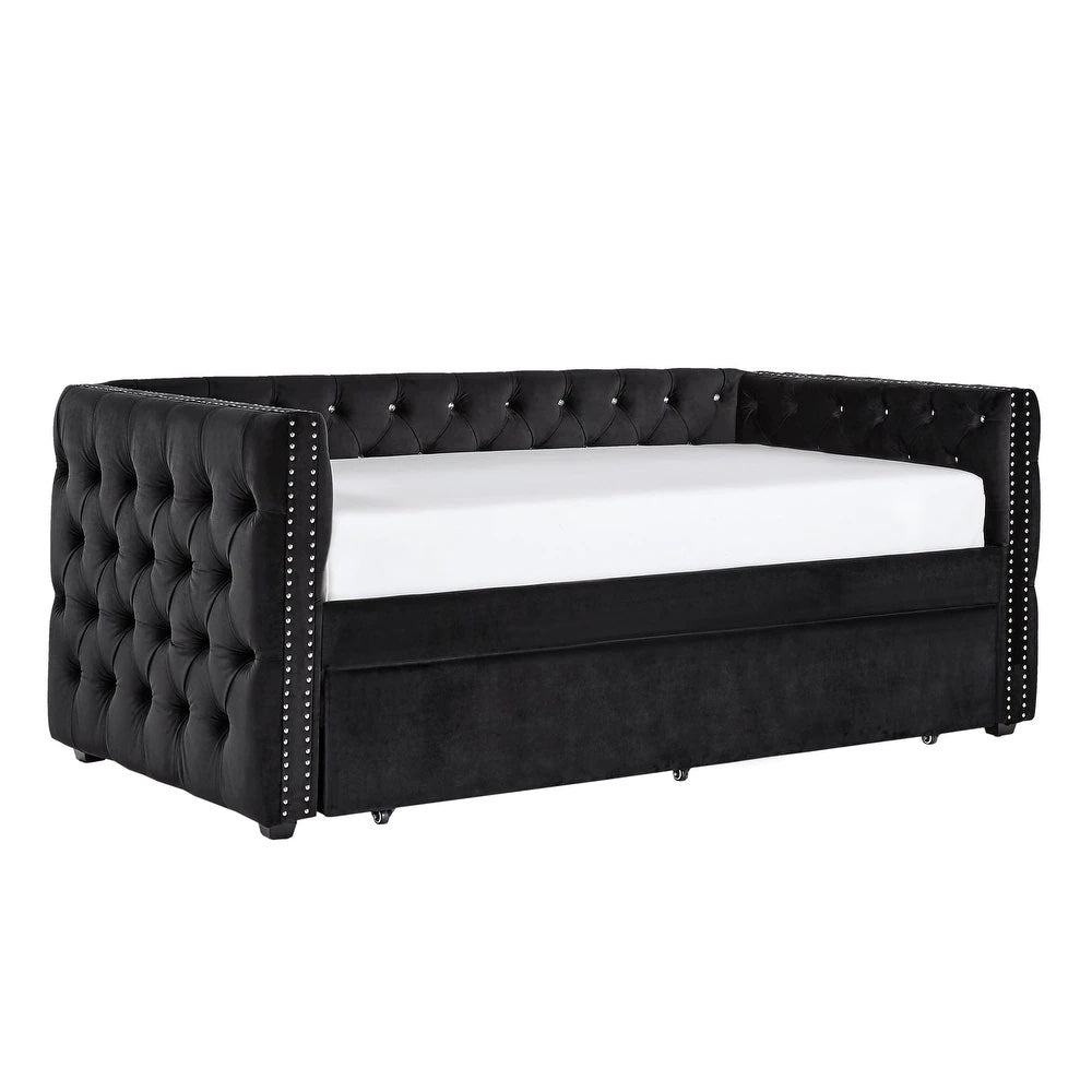 Tufted Nailhead Daybed - Black Velvet, With Trundle