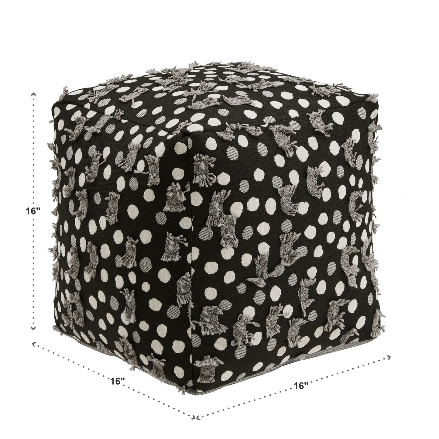 Upholstered Square Pouf Ottoman - Black Whita & Gray Polka Dot Pattern Fabric With Fringe