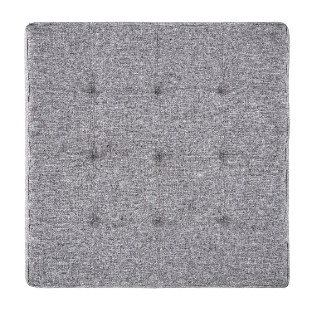 Chrome Square Base Ottoman - Grey Linen, Dimpled Tufts